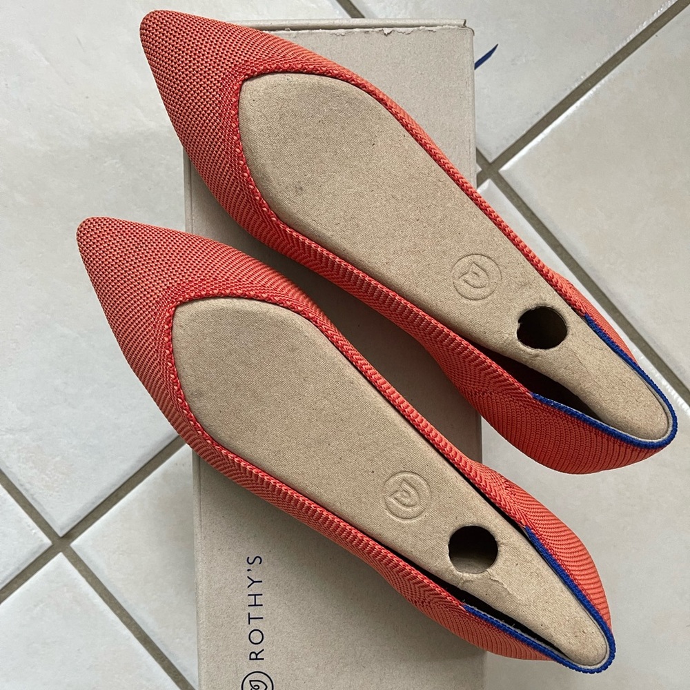Rothy’s washable shoes. Retired Color.  Persimmon. Point flat shoes